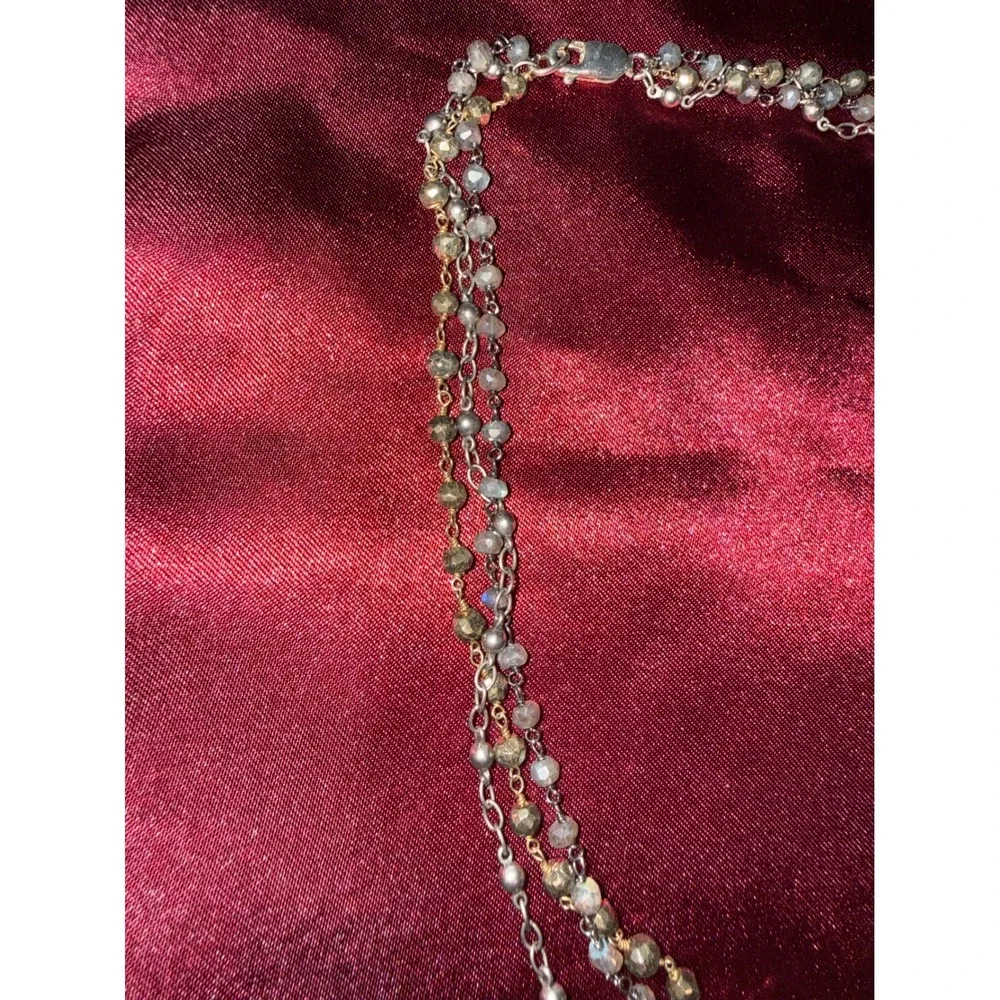 Boho Multi-Strand Beaded Necklace Mixed Metal Labradorite Pendant Layered Chain